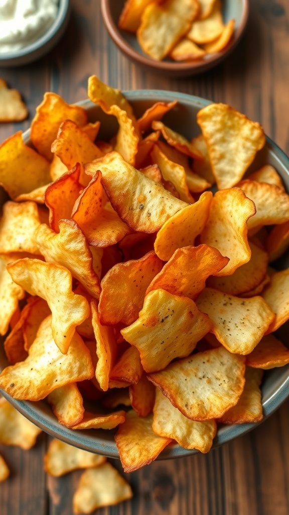 A bowl of crispy homemade potato chips with a small dish of dip on a wooden table.
